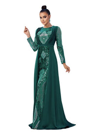 Dark Green Sequined Mermaid Long Sleeves Evening Dresses with Train