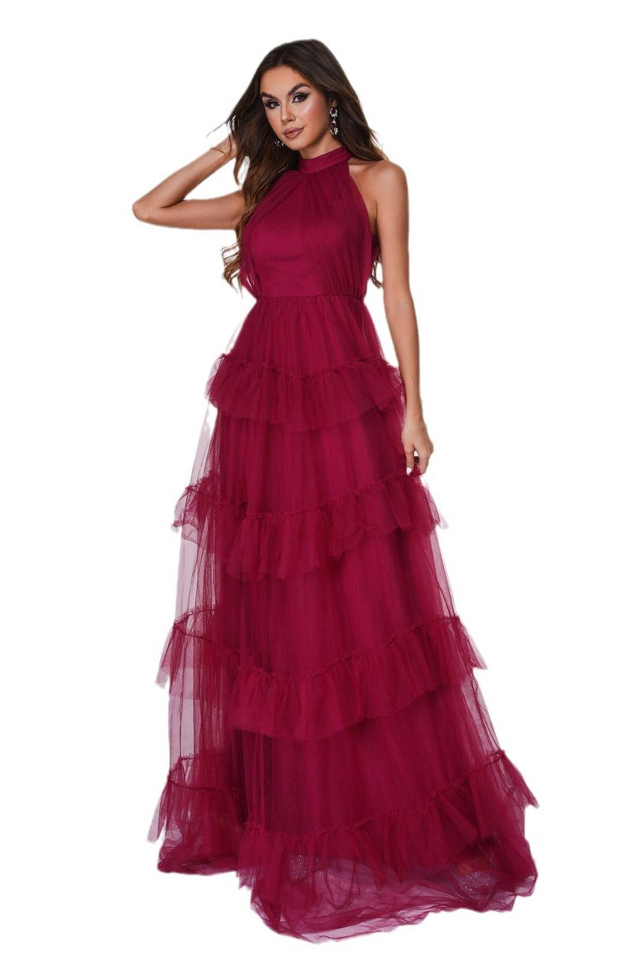 Red A-Line Tulle High Neck Prom Evening Dresses with Ruffles