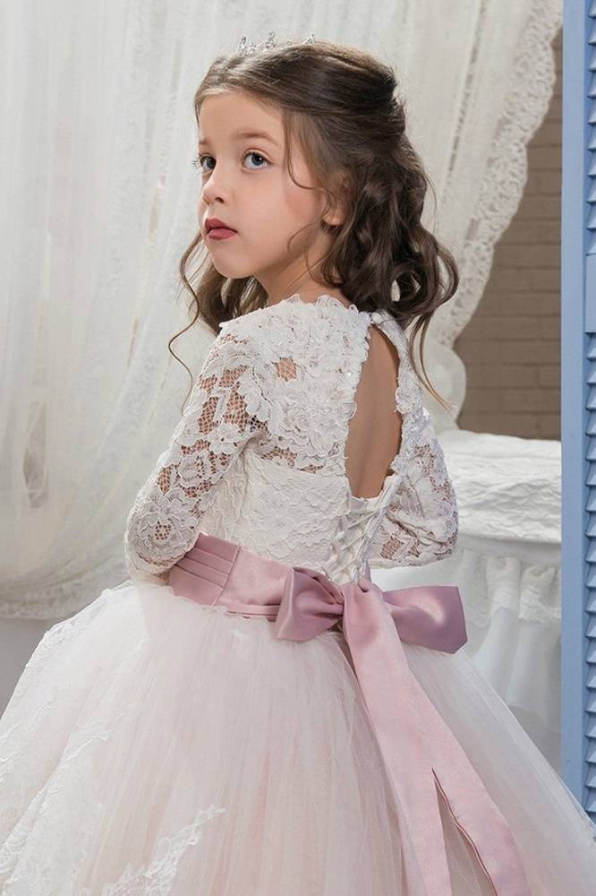 Blushing Pink Ball Gown Long Sleeves Lace Tulle Flower Girl Dresses with Sash