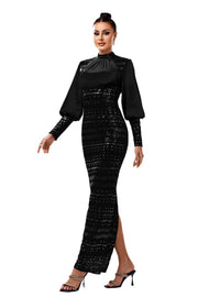 Black Sequined High Neck Mermaid Evening Dresses with Long Sleeves