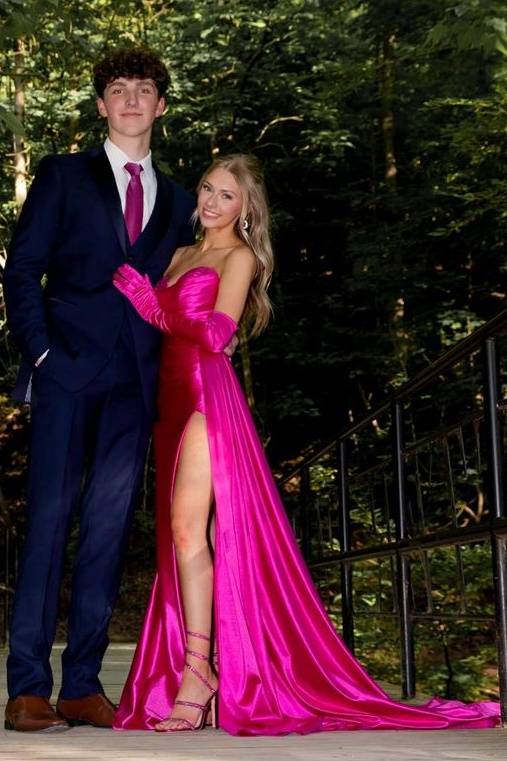 Fuchsia Glamorous Strapless Split Front Mermaid Prom Dresses with Chapel Train