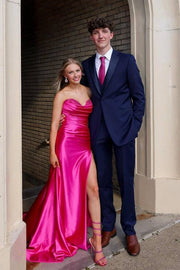 Fuchsia Glamorous Strapless Split Front Mermaid Prom Dresses with Chapel Train