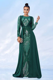 Dark Green Sequined Mermaid Long Sleeves Evening Dresses with Train