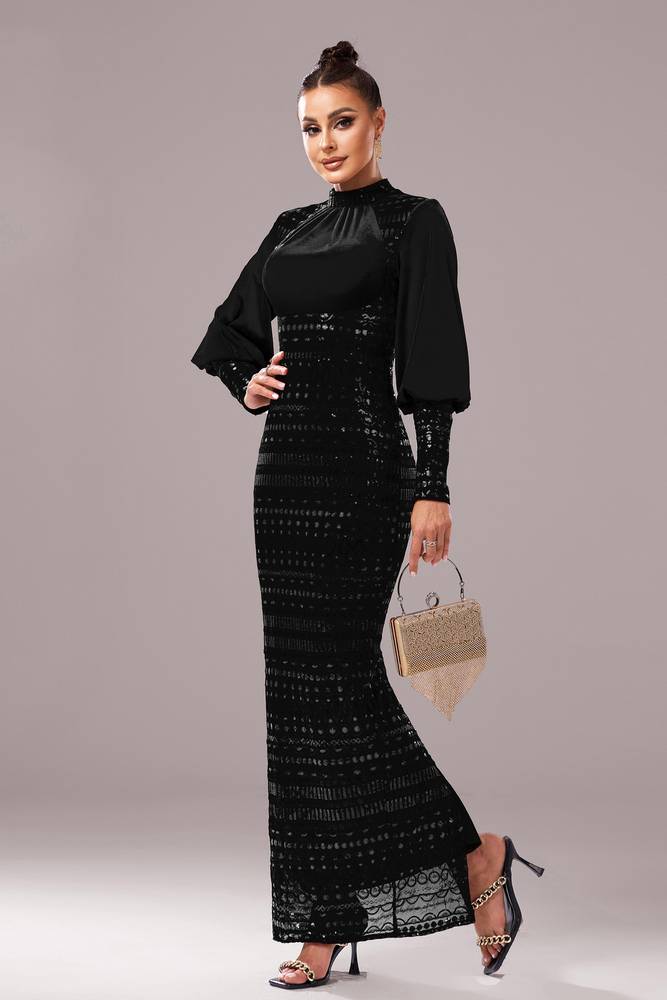 Black Sequined High Neck Mermaid Evening Dresses with Long Sleeves