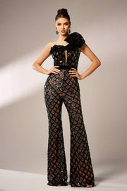 Sequined One-Shoulder Jumpsuit Evening Dresses with Handmade Flower