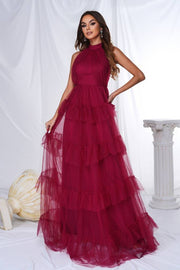 Red A-Line Tulle High Neck Prom Evening Dresses with Ruffles