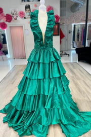 Dark Green Tiered Halter V-Neck A-Line Sleeveless Satin Prom Dresses with Slit