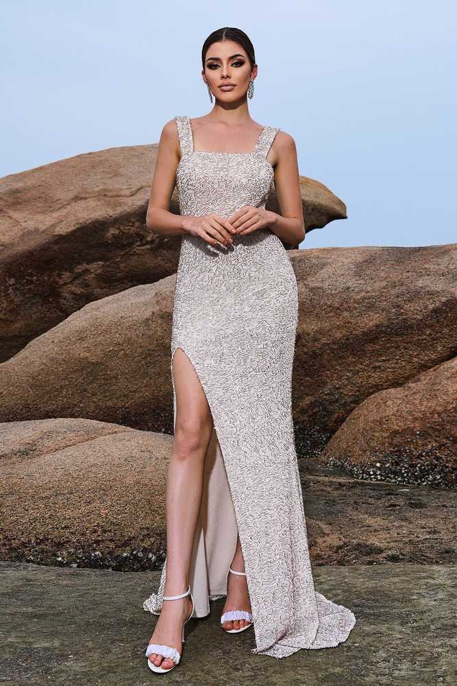 Square Neck Mermaid Sequin Evening Dresses with Slit