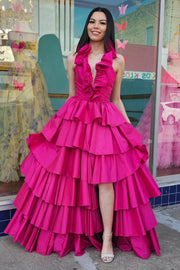 Fuchsia Tiered Halter V-Neck A-Line Sleeveless Satin Prom Dresses with Slit