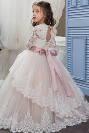 Blushing Pink Ball Gown Long Sleeves Lace Tulle Flower Girl Dresses with Sash