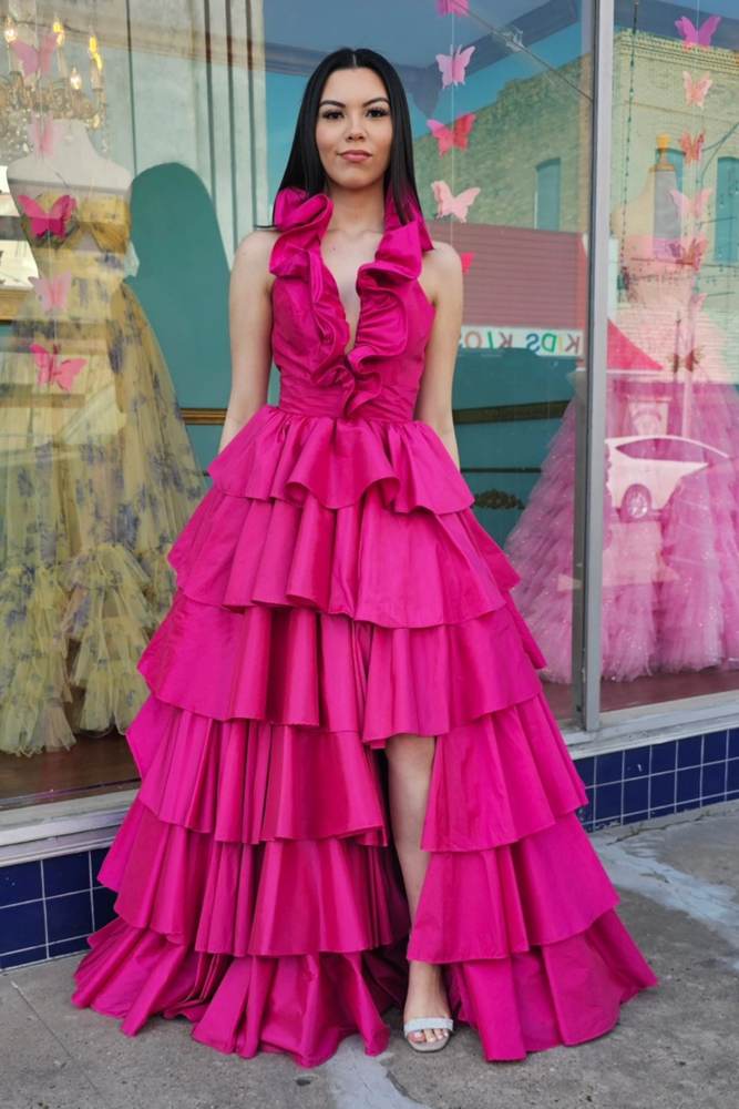 Fuchsia Tiered Halter V-Neck A-Line Sleeveless Satin Prom Dresses with Slit