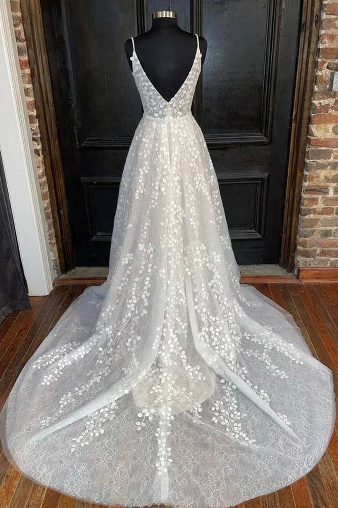 White Deep V-Neck A-Line Lace Wedding Dresses with Appliques