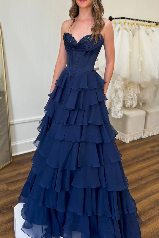 Dark Navy Tiered Strapless A-Line Chiffon Prom Dresses