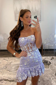 Lavender Strapless A Line Sequined Short Homecoming Dresses with Appliques