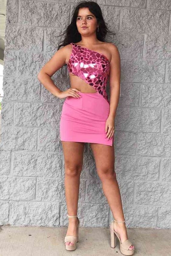 Candy Pink Cut Glass Mirror One-Shoulder Sleeveless Short Homecoming Dresses with Slit