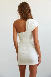 Unique One-Shoulder White Short Satin Sheath Homecoming Dresses