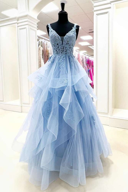 Light Blue Beaded V Neck A Line Tiered Ruffles Prom Dress with Applique Front Side