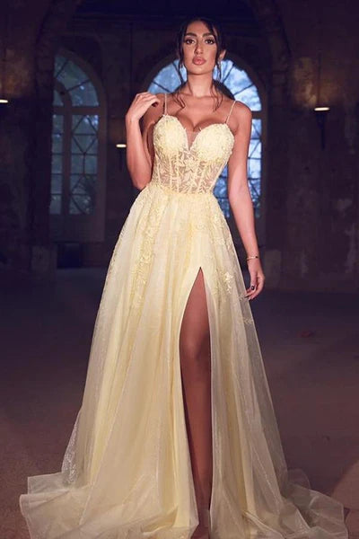 Daffodil A-Line Tulle Split Front Prom Dresses with Appliques