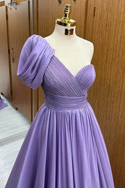 Purple One-Shoulder A-Line Satin Prom Dresses with Ruffles