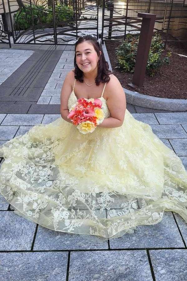 Daffodil Plus Size A-Line Lace V-Neck Prom Dresses with Appliques