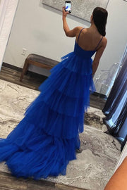 Royal Blue Backless A-Line Tulle Formal Dresses with Ruffles