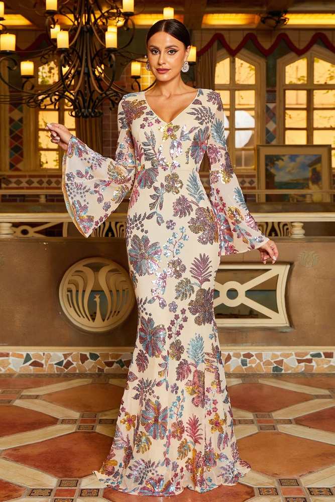 Sequined Mermaid V-Neck Floral Evening Dresses with Long Sleeves