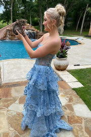 Blue Sweetheart Tiered Split Front Prom Dresses with Appliques