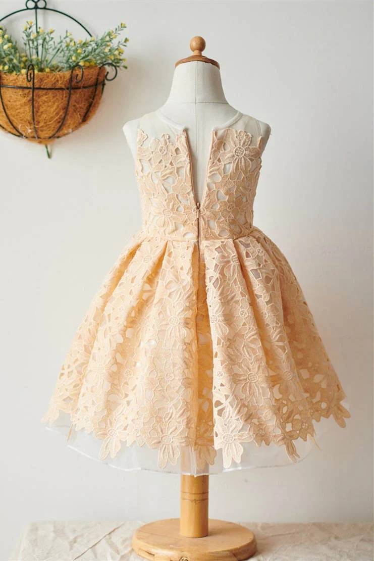 Crew Neck Sleeveless A-Line Lace Flower Girl Dresses