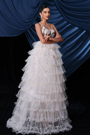 Tiered Spaghetti Straps A-Line Tulle Evening Prom Dresses with Slit