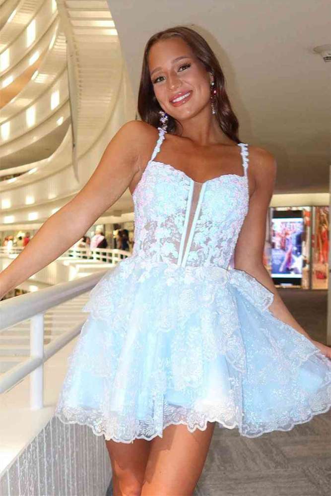 Light Blue V-Neck Spaghetti Straps A-Line Tulle Homecoming Dresses with Appliques