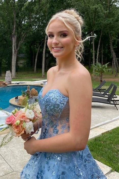 Blue Sweetheart Tiered Split Front Prom Dresses with Appliques