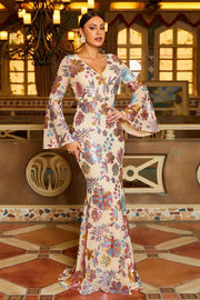 Sequined Mermaid V-Neck Floral Evening Dresses with Long Sleeves