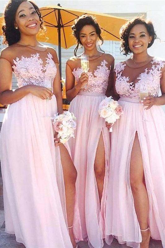 Blushing Pink Jewel Neck A-Line Chiffon Bridesmaid Dresses with Slit