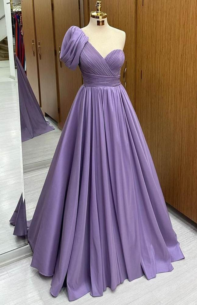 Purple One-Shoulder A-Line Satin Prom Dresses with Ruffles