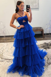 Royal Blue Backless A-Line Tulle Formal Dresses with Ruffles