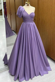 Purple One-Shoulder A-Line Satin Prom Dresses with Ruffles