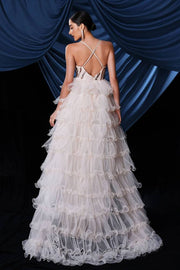 Tiered Spaghetti Straps A-Line Tulle Evening Prom Dresses with Slit