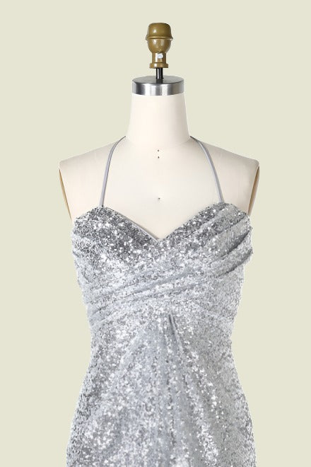 Silver Sweetheart Halter Sequined Column Bridesmaid Dresses