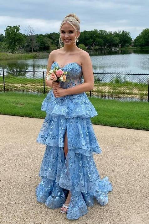 Blue Sweetheart Tiered Split Front Prom Dresses with Appliques