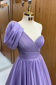 Purple One-Shoulder A-Line Satin Prom Dresses with Ruffles