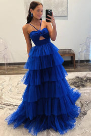 Royal Blue Backless A-Line Tulle Formal Dresses with Ruffles