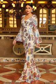 Sequined Mermaid V-Neck Floral Evening Dresses with Long Sleeves