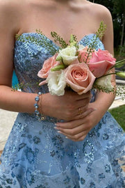 Blue Sweetheart Tiered Split Front Prom Dresses with Appliques