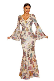 Sequined Mermaid V-Neck Floral Evening Dresses with Long Sleeves