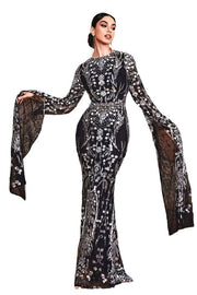 Crew Neck Mermaid Sequin Evening Dresses with Long Sleeves