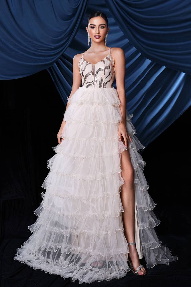 Tiered Spaghetti Straps A-Line Tulle Evening Prom Dresses with Slit