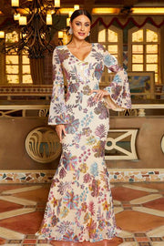 Sequined Mermaid V-Neck Floral Evening Dresses with Long Sleeves