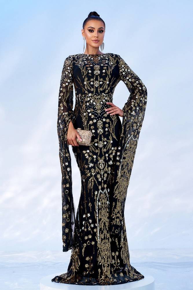 Crew Neck Mermaid Sequin Evening Dresses with Long Sleeves