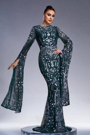 Crew Neck Mermaid Sequin Evening Dresses with Long Sleeves