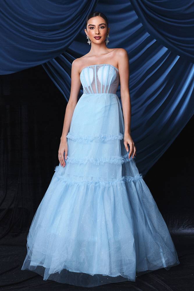 Blue Strapless A-Line Tulle Evening Prom Dresses